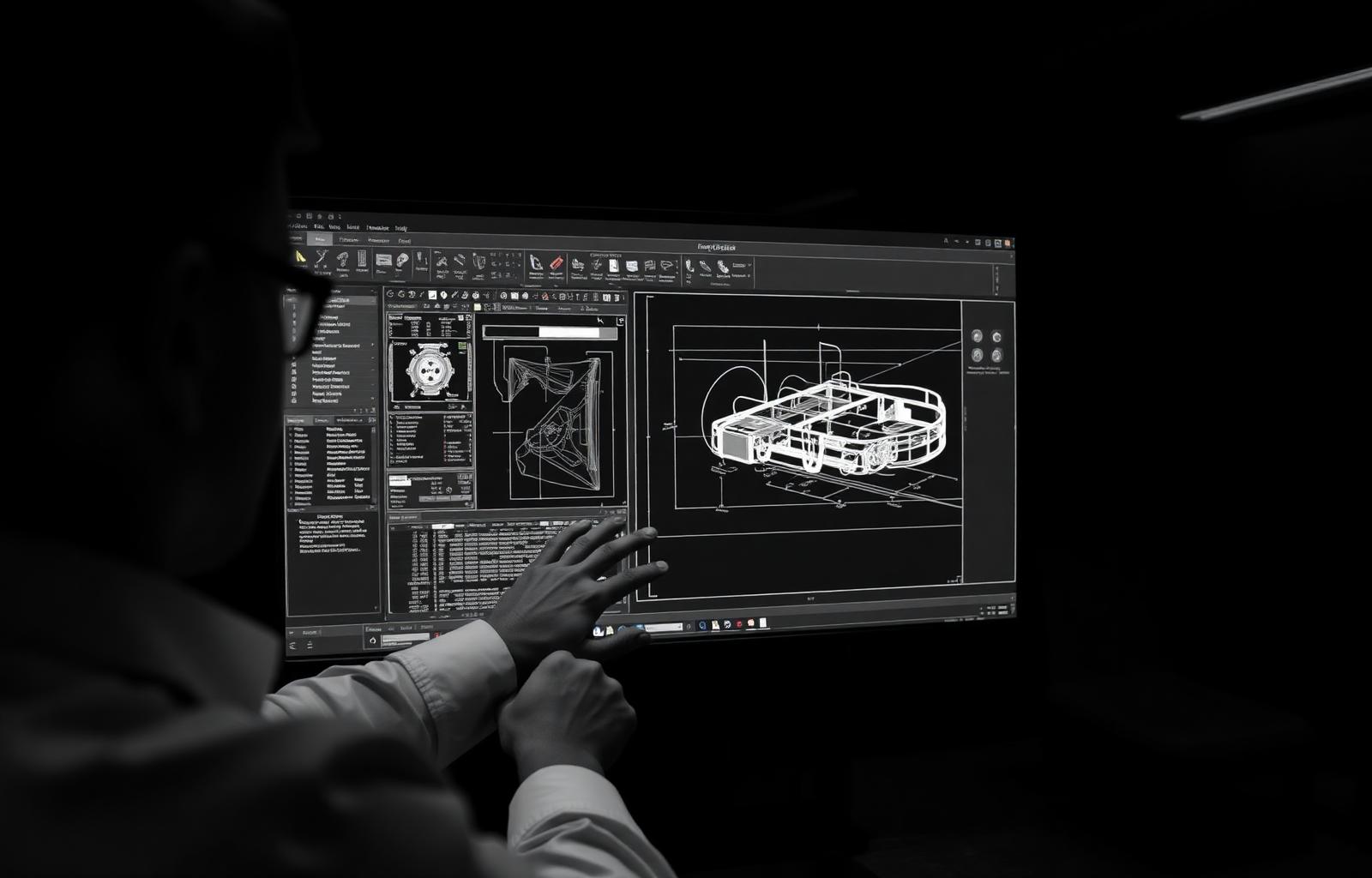 Engineer reviewing CAD on a large display in a dark studio