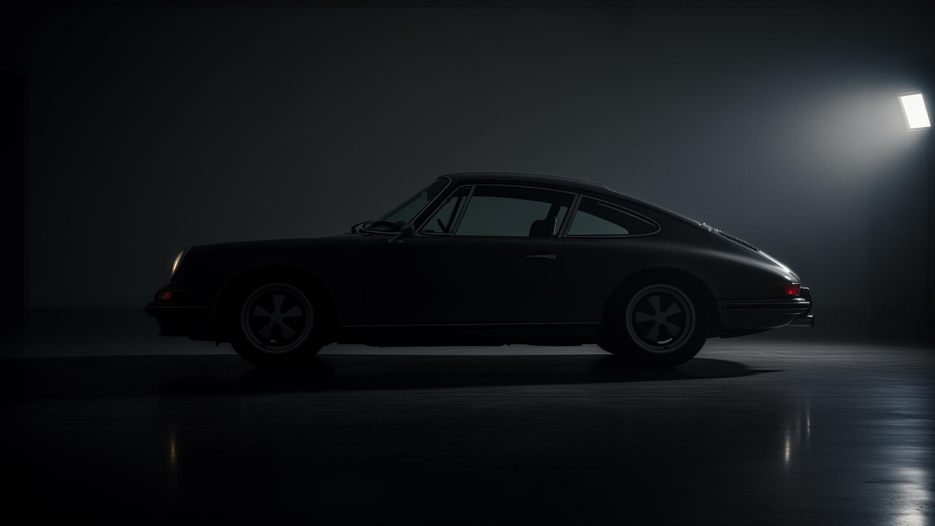 Vintage sports car silhouette in a darkened studio